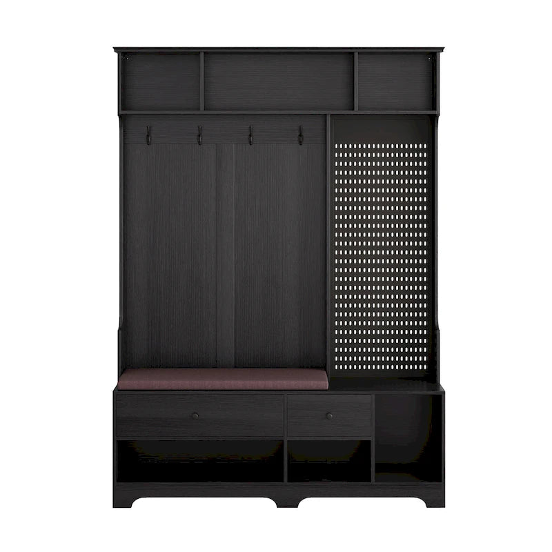 Porte-manteau d'entrée en MDF noir/blanc/marron avec banc à chaussures, panneau perforé, patères et étagères de rangement