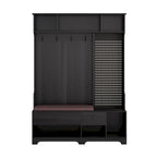 Porte-manteau d'entrée en MDF noir/blanc/marron avec banc à chaussures, panneau perforé, patères et étagères de rangement