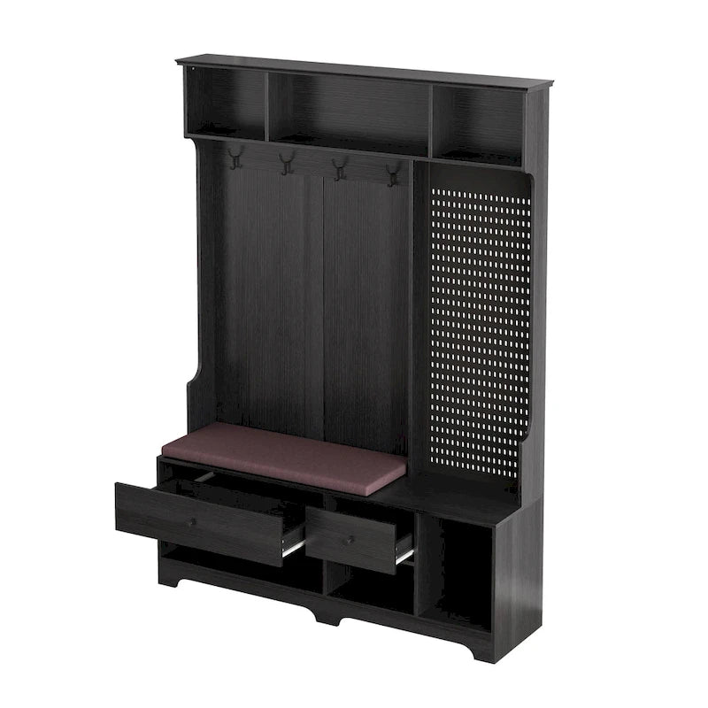 Porte-manteau d'entrée en MDF noir/blanc/marron avec banc à chaussures, panneau perforé, patères et étagères de rangement