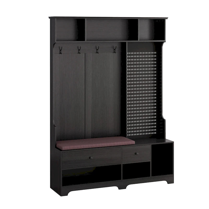 Porte-manteau d'entrée en MDF noir/blanc/marron avec banc à chaussures, panneau perforé, patères et étagères de rangement