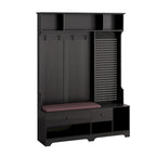 Porte-manteau d'entrée en MDF noir/blanc/marron avec banc à chaussures, panneau perforé, patères et étagères de rangement
