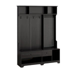 Porte-manteau d'entrée en MDF noir/blanc/marron avec banc à chaussures, panneau perforé, patères et étagères de rangement