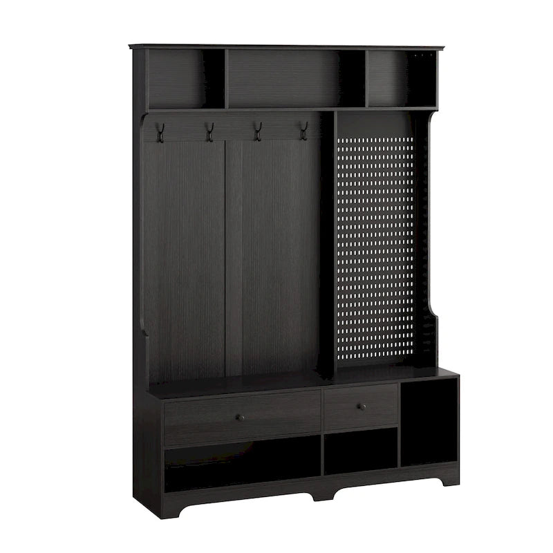 Porte-manteau d'entrée en MDF noir/blanc/marron avec banc à chaussures, panneau perforé, patères et étagères de rangement