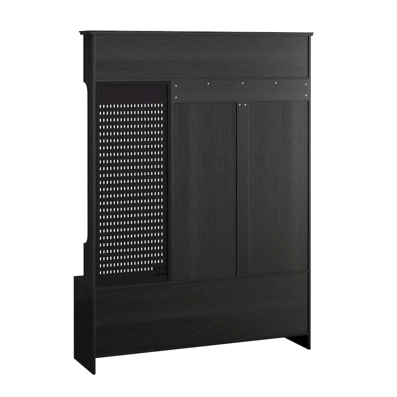 Porte-manteau d'entrée en MDF noir/blanc/marron avec banc à chaussures, panneau perforé, patères et étagères de rangement