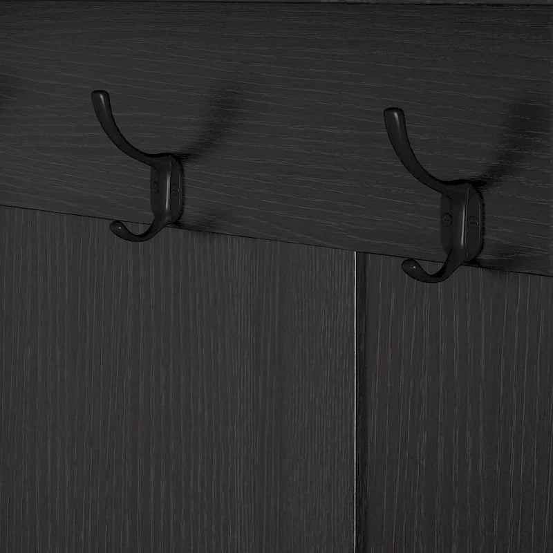 Porte-manteau d'entrée en MDF noir/blanc/marron avec banc à chaussures, panneau perforé, patères et étagères de rangement