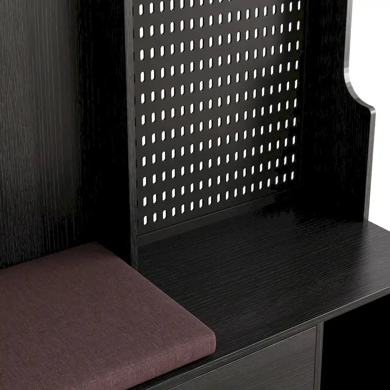 Porte-manteau d'entrée en MDF noir/blanc/marron avec banc à chaussures, panneau perforé, patères et étagères de rangement