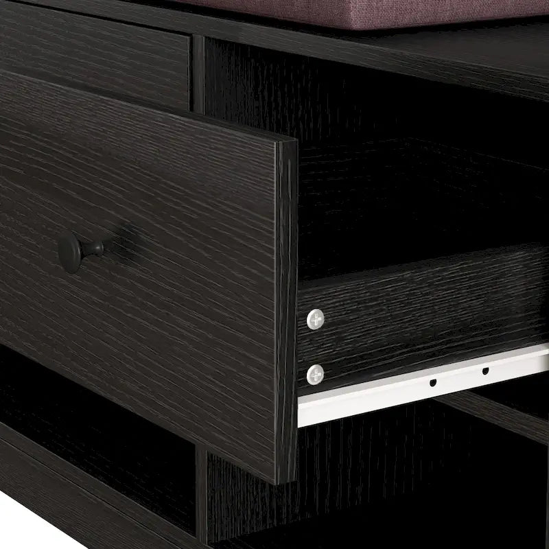 Porte-manteau d'entrée en MDF noir/blanc/marron avec banc à chaussures, panneau perforé, patères et étagères de rangement