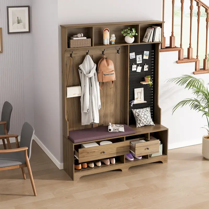 Porte-manteau d'entrée en MDF noir/blanc/marron avec banc à chaussures, panneau perforé, patères et étagères de rangement