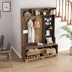Porte-manteau d'entrée en MDF noir/blanc/marron avec banc à chaussures, panneau perforé, patères et étagères de rangement