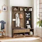 Porte-manteau d'entrée en MDF noir/blanc/marron avec banc à chaussures, panneau perforé, patères et étagères de rangement