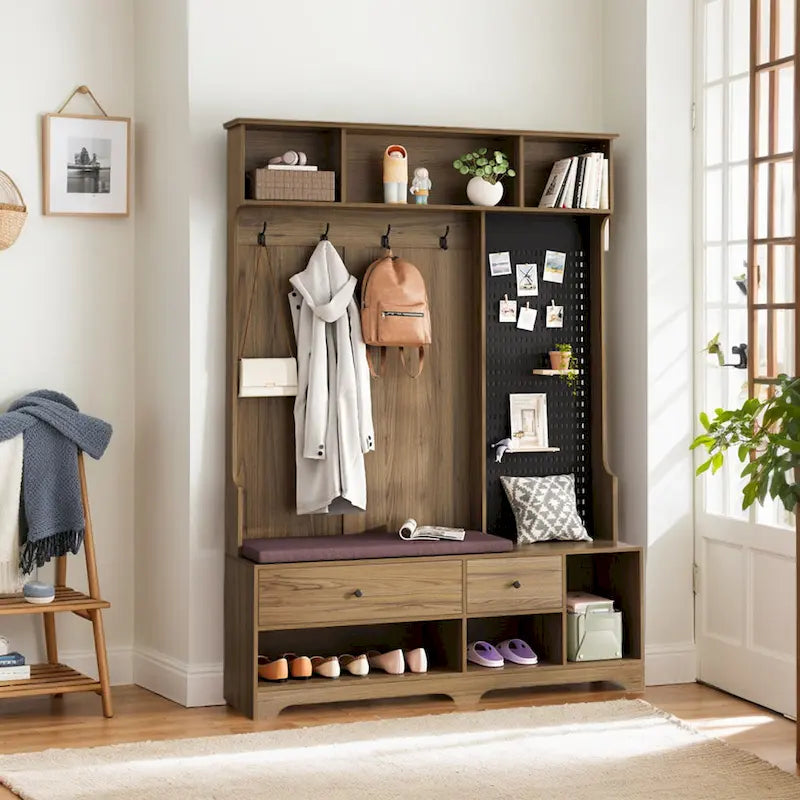 Porte-manteau d'entrée en MDF noir/blanc/marron avec banc à chaussures, panneau perforé, patères et étagères de rangement