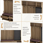 Porte-manteau d'entrée en MDF noir/blanc/marron avec banc à chaussures, panneau perforé, patères et étagères de rangement