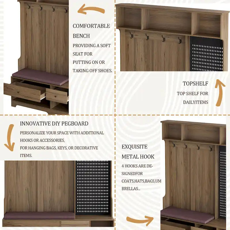 Porte-manteau d'entrée en MDF noir/blanc/marron avec banc à chaussures, panneau perforé, patères et étagères de rangement