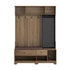 Porte-manteau d'entrée en MDF noir/blanc/marron avec banc à chaussures, panneau perforé, patères et étagères de rangement