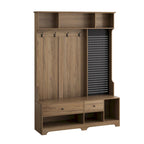 Porte-manteau d'entrée en MDF noir/blanc/marron avec banc à chaussures, panneau perforé, patères et étagères de rangement