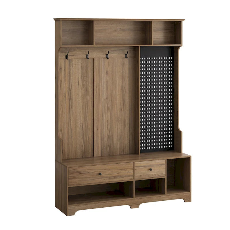 Porte-manteau d'entrée en MDF noir/blanc/marron avec banc à chaussures, panneau perforé, patères et étagères de rangement