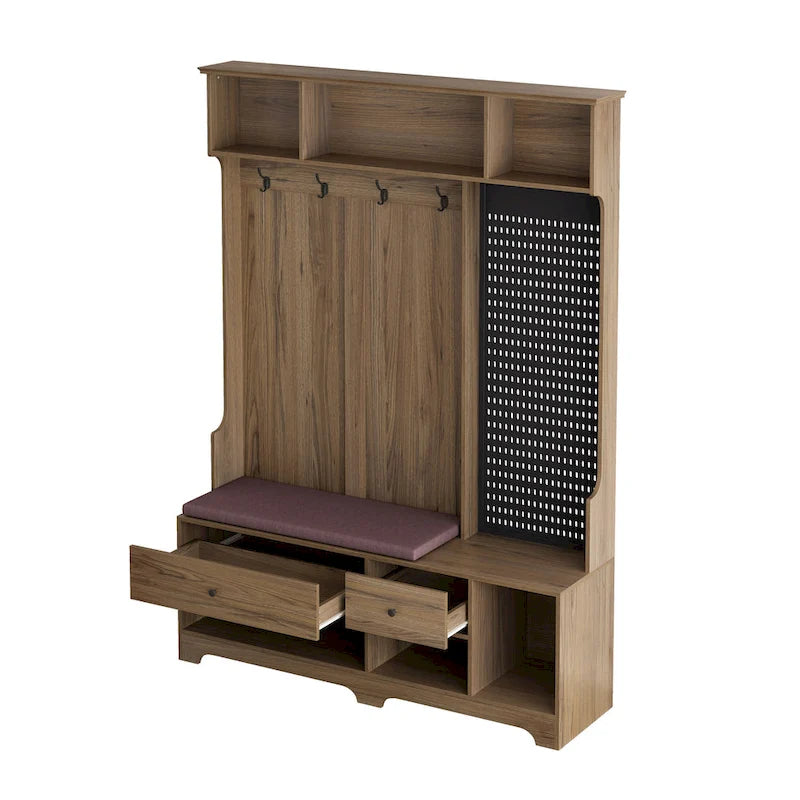 Porte-manteau d'entrée en MDF noir/blanc/marron avec banc à chaussures, panneau perforé, patères et étagères de rangement