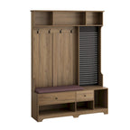 Porte-manteau d'entrée en MDF noir/blanc/marron avec banc à chaussures, panneau perforé, patères et étagères de rangement