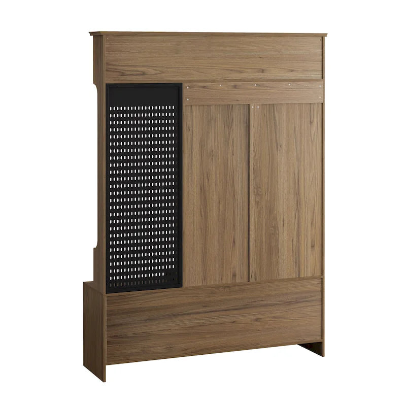 Porte-manteau d'entrée en MDF noir/blanc/marron avec banc à chaussures, panneau perforé, patères et étagères de rangement