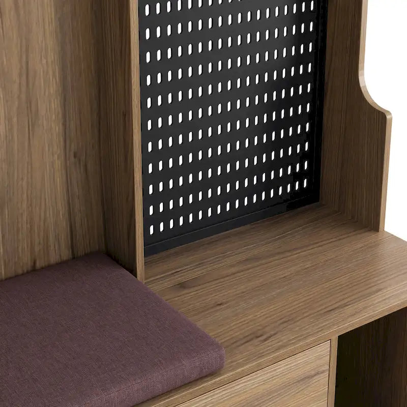 Porte-manteau d'entrée en MDF noir/blanc/marron avec banc à chaussures, panneau perforé, patères et étagères de rangement