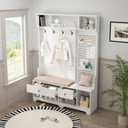 Porte-manteau d'entrée en MDF noir/blanc/marron avec banc à chaussures, panneau perforé, patères et étagères de rangement