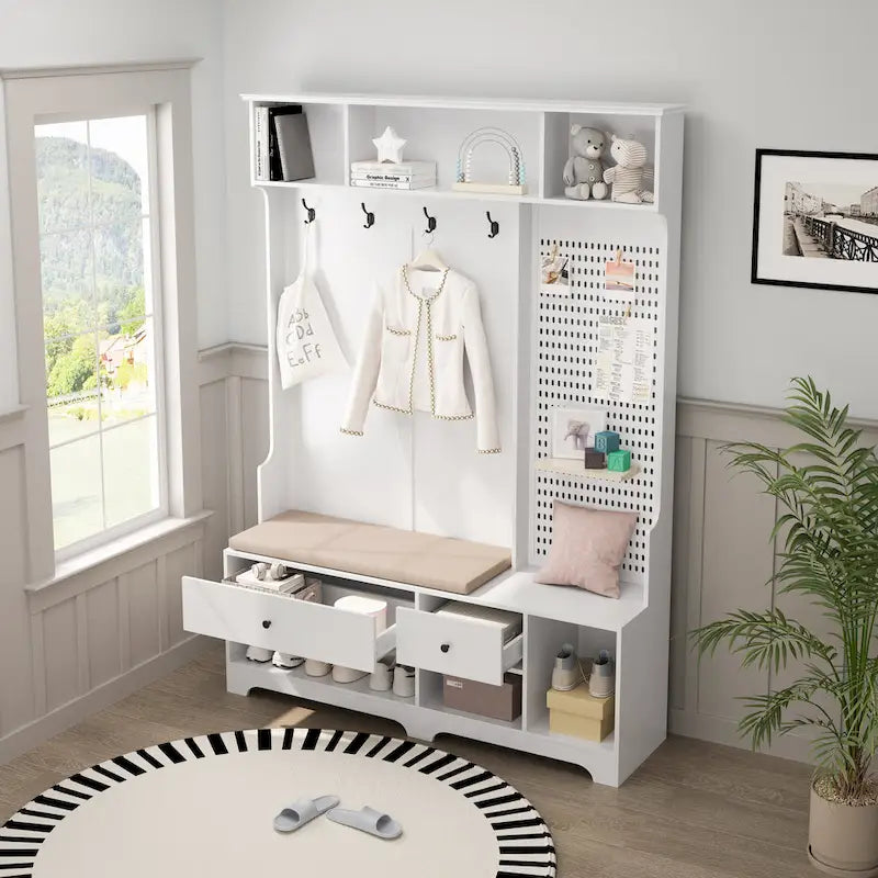Porte-manteau d'entrée en MDF noir/blanc/marron avec banc à chaussures, panneau perforé, patères et étagères de rangement