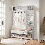 Porte-manteau d'entrée en MDF noir/blanc/marron avec banc à chaussures, panneau perforé, patères et étagères de rangement