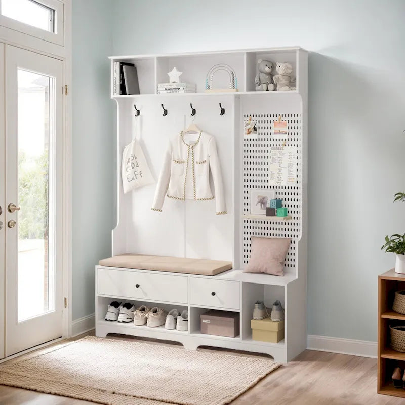 Porte-manteau d'entrée en MDF noir/blanc/marron avec banc à chaussures, panneau perforé, patères et étagères de rangement