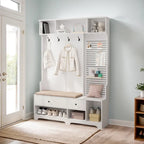 Porte-manteau d'entrée en MDF noir/blanc/marron avec banc à chaussures, panneau perforé, patères et étagères de rangement