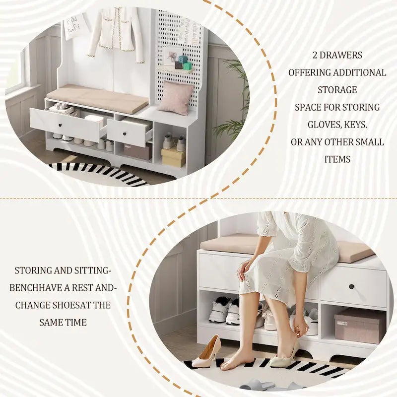 Porte-manteau d'entrée en MDF noir/blanc/marron avec banc à chaussures, panneau perforé, patères et étagères de rangement