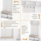 Porte-manteau d'entrée en MDF noir/blanc/marron avec banc à chaussures, panneau perforé, patères et étagères de rangement