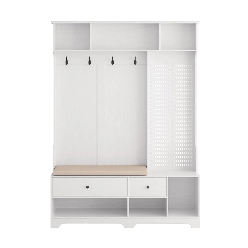 Porte-manteau d'entrée en MDF noir/blanc/marron avec banc à chaussures, panneau perforé, patères et étagères de rangement