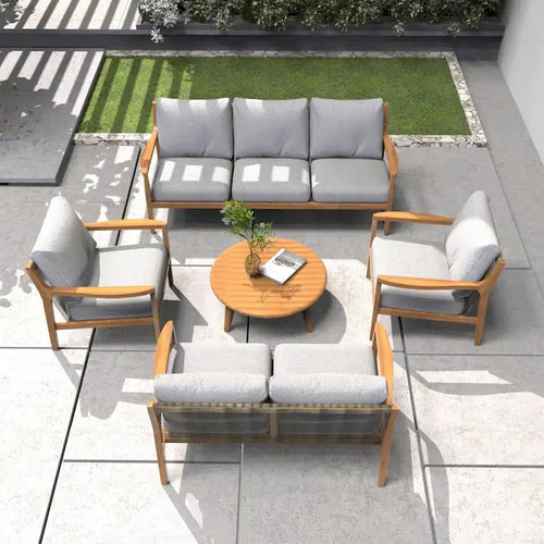 Ensemble de canapé d'extérieur moderne en bois d'acacia 7 places avec table basse élégante et coussins amovibles