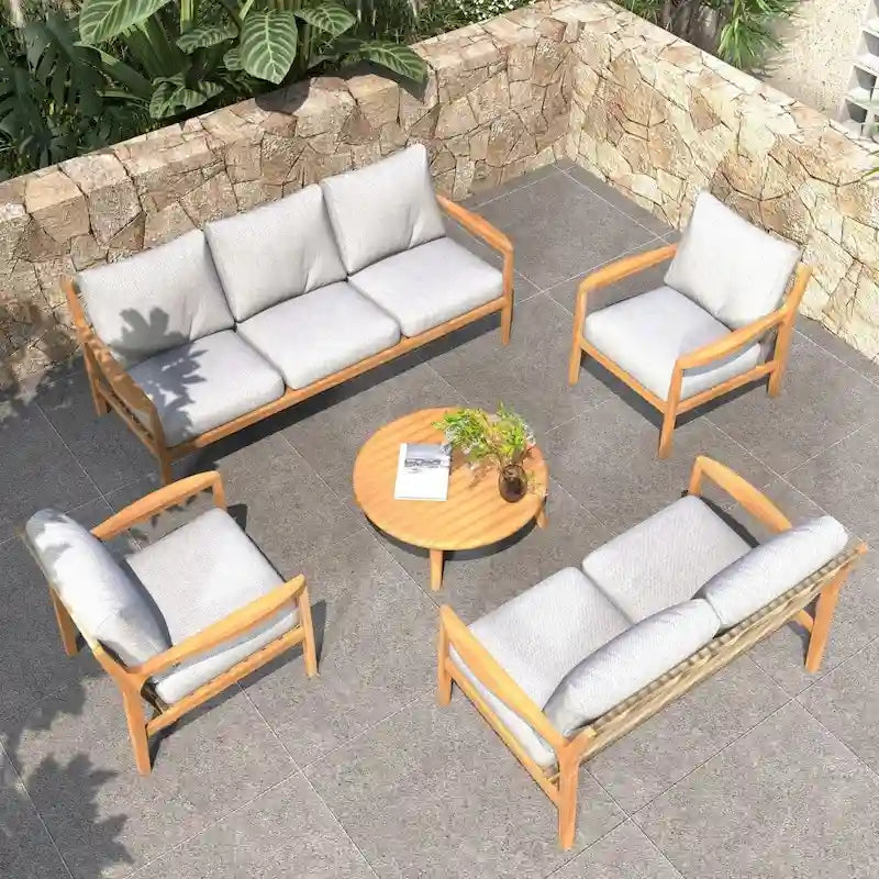 Ensemble de canapé d'extérieur moderne en bois d'acacia 7 places avec table basse élégante et coussins amovibles