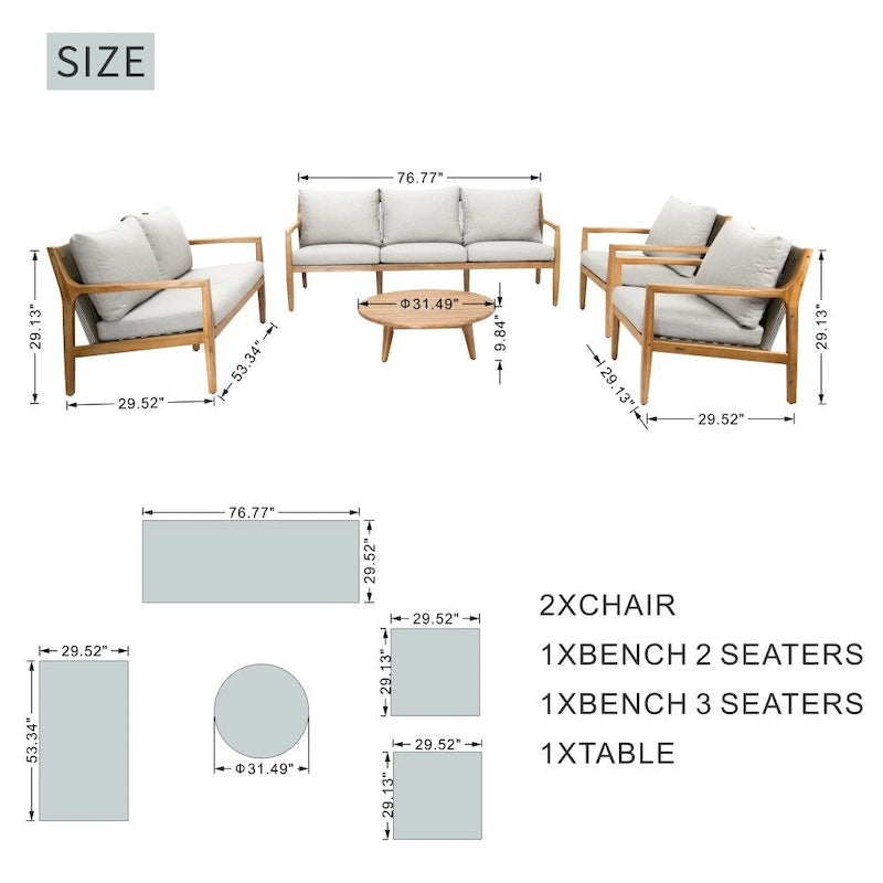 Ensemble de canapé d'extérieur moderne en bois d'acacia 7 places avec table basse élégante et coussins amovibles