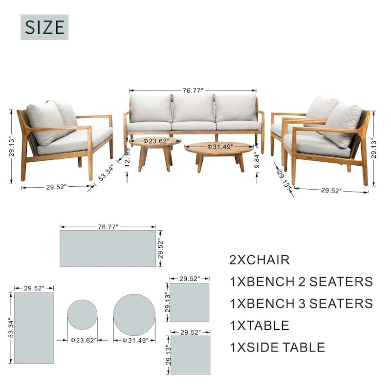 Ensemble de canapé d'extérieur moderne en bois d'acacia 7 places avec table basse élégante et coussins amovibles