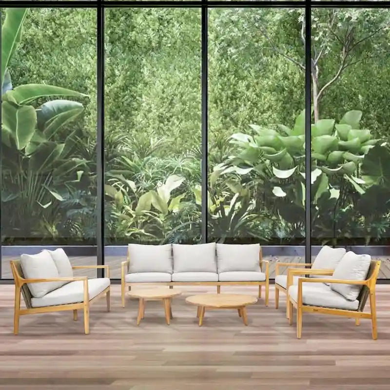 Ensemble de canapé d'extérieur moderne en bois d'acacia 7 places avec table basse élégante et coussins amovibles