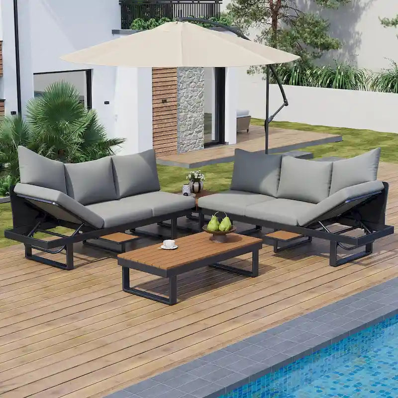 Ensemble de canapé d'angle extérieur, salon de jardin, groupe de sièges de patio, lit de repos extérieur avec sièges inclinables ajustables