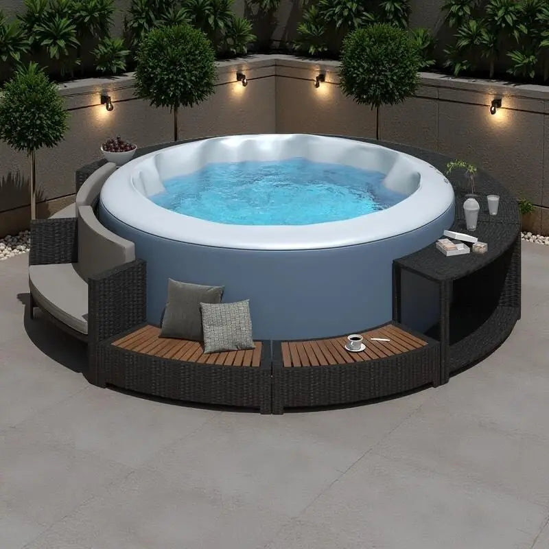 Outdoor Patio Rattan Spa Surround Frame Sofa Set with Storage Spaces, Bench and Cushions