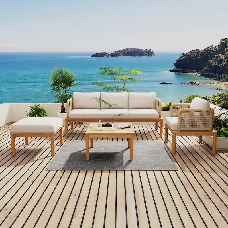 Ensemble de canapé de patio extérieur 4 pièces en bois d'acacia et corde