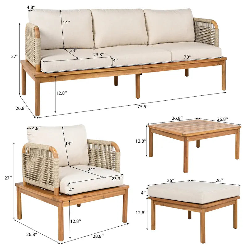 Ensemble de canapé de patio extérieur 4 pièces en bois d'acacia et corde