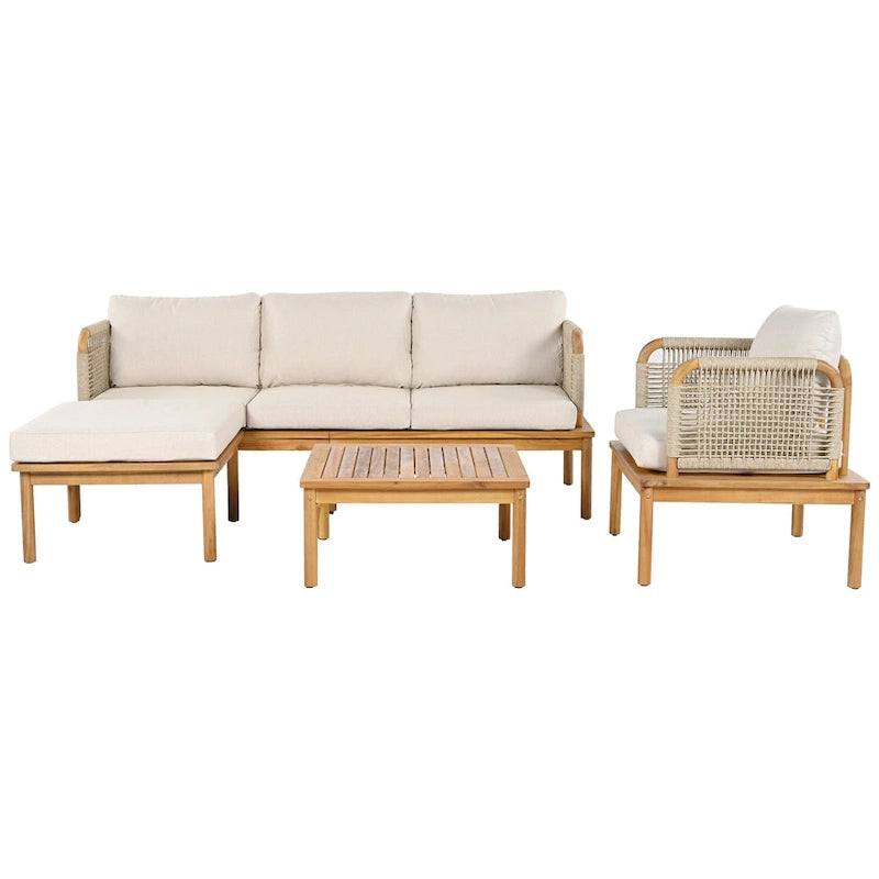 Ensemble de canapé de patio extérieur 4 pièces en bois d'acacia et corde
