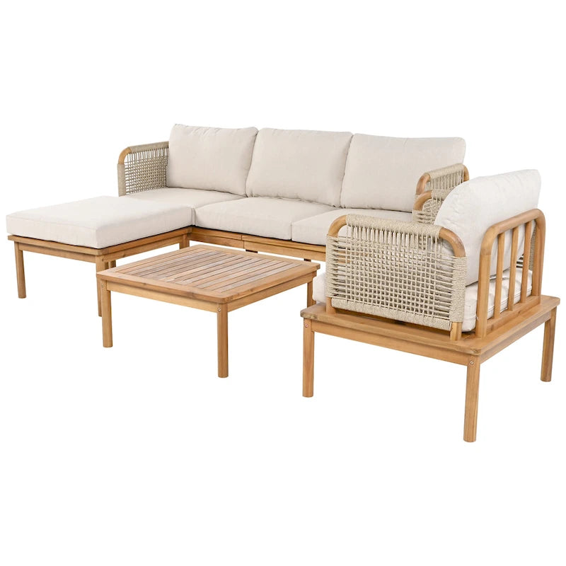 Ensemble de canapé de patio extérieur 4 pièces en bois d'acacia et corde