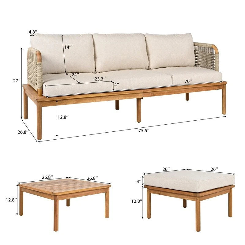 Salon de jardin 3 pièces en bois d'acacia et corde – 75,5 l x 26,75 P x 27,00