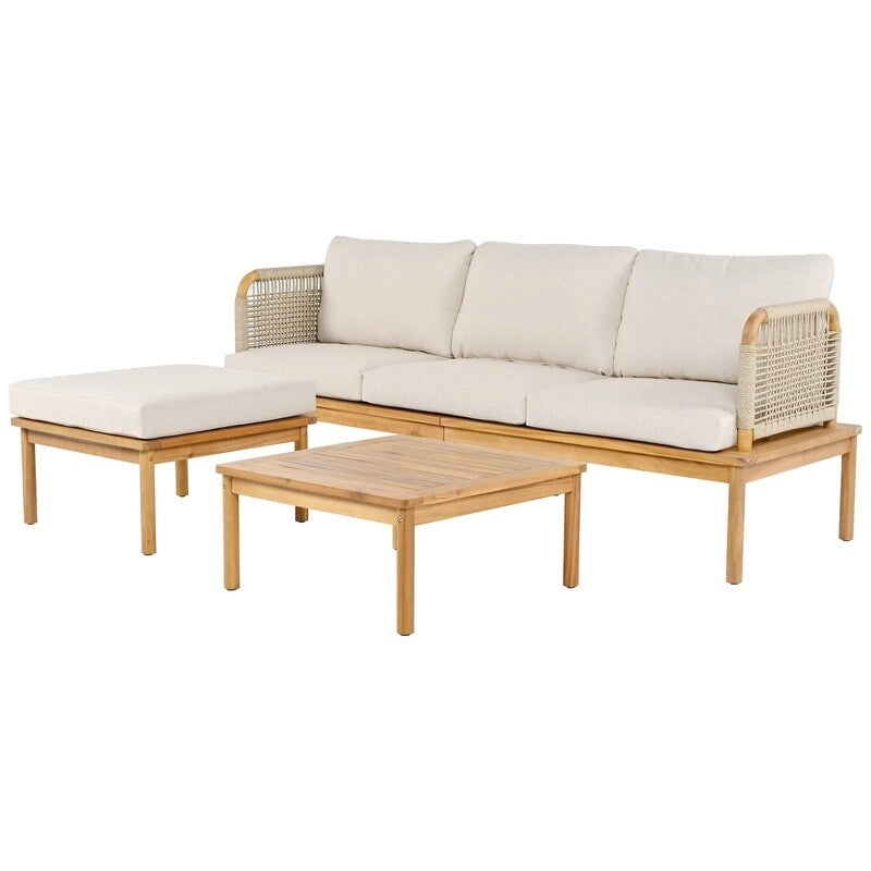 Salon de jardin 3 pièces en bois d'acacia et corde – 75,5 l x 26,75 P x 27,00