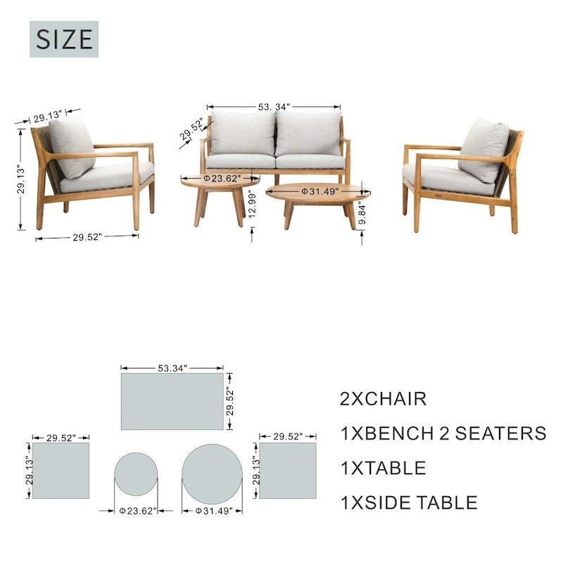 Canapé d'extérieur en bois d'acacia avec coussins imperméables amovibles pour terrasse