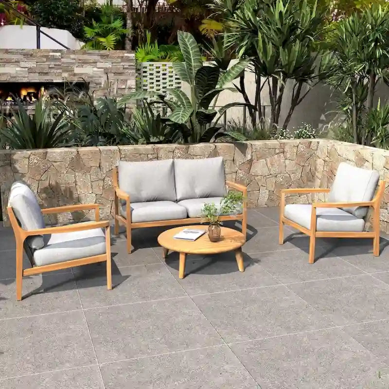 Canapé d'extérieur en bois d'acacia avec coussins imperméables amovibles pour terrasse