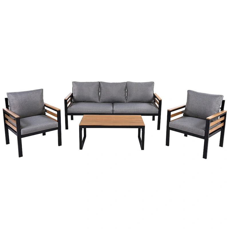 Ensemble de canapés d'extérieur 4 pièces pour 5 personnes avec table basse en bois massif et coussins amovibles