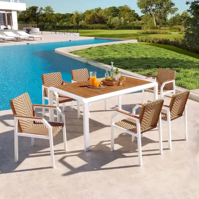 Ensemble de meubles d'extérieur en osier de 6 chaises, table de salle à manger de patio de 7 pièces avec plateau en bois, ensemble de salle à manger d'extérieur