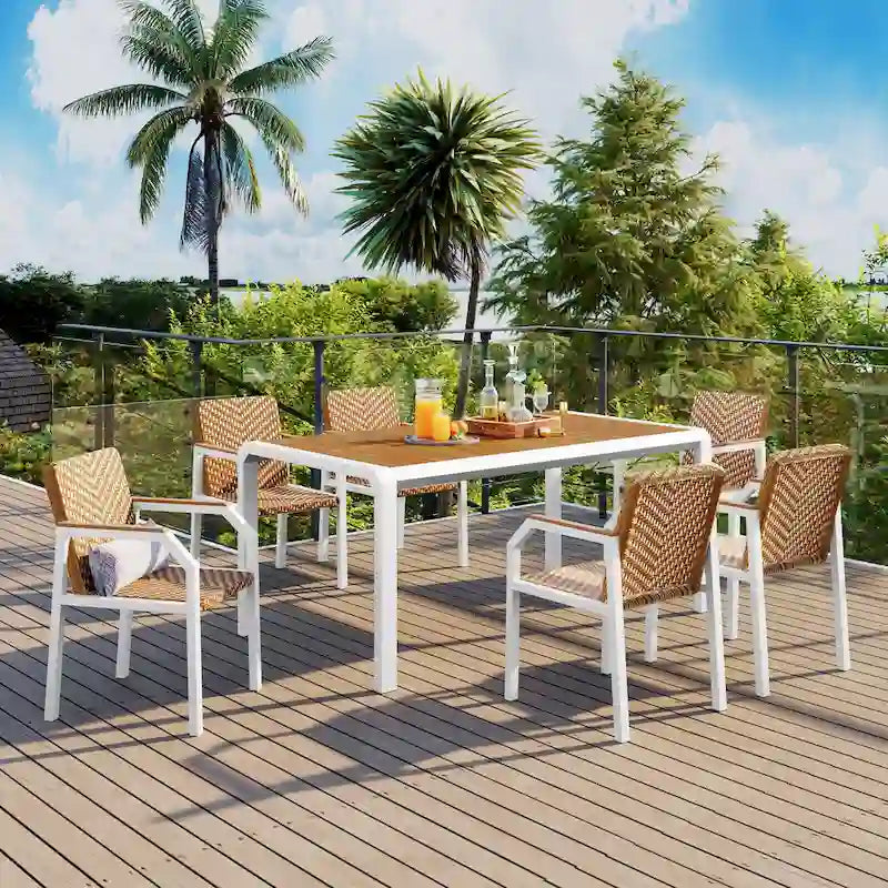Ensemble de meubles d'extérieur en osier de 6 chaises, table de salle à manger de patio de 7 pièces avec plateau en bois, ensemble de salle à manger d'extérieur